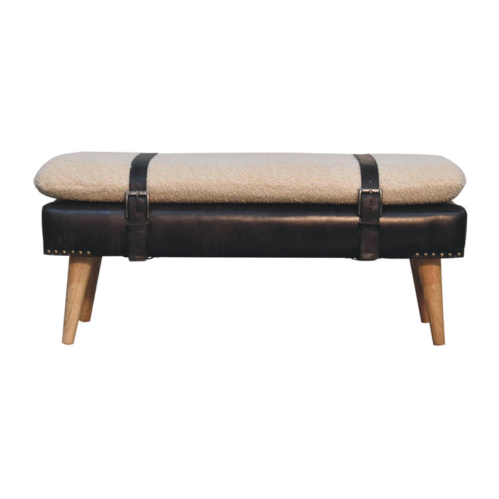 Bouclé Buffalo Hide Black Leather Bench Upholstered, Nordic Legs, Beige and Black