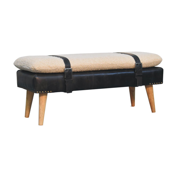 Bouclé Buffalo Hide Black Leather Bench Upholstered, Nordic Legs, Beige and Black