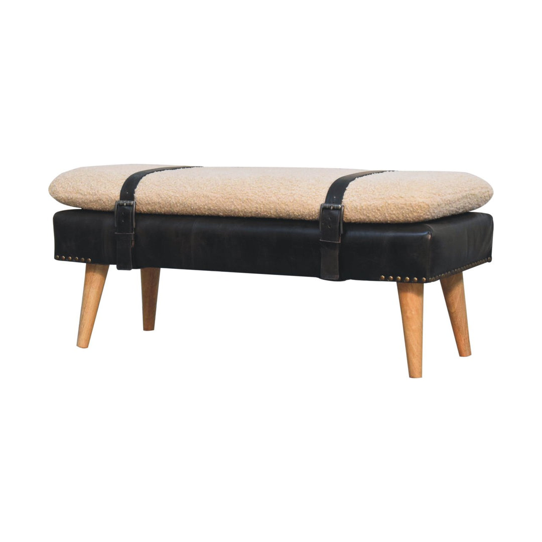 Bouclé Buffalo Hide Black Leather Bench Upholstered, Nordic Legs, Beige and Black