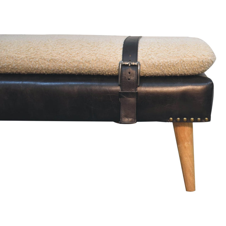 Bouclé Buffalo Hide Black Leather Bench Upholstered, Nordic Legs, Beige and Black