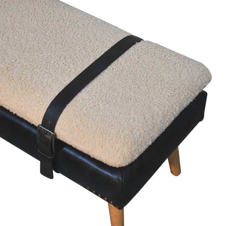 Bouclé Buffalo Hide Black Leather Bench Upholstered, Nordic Legs, Beige and Black