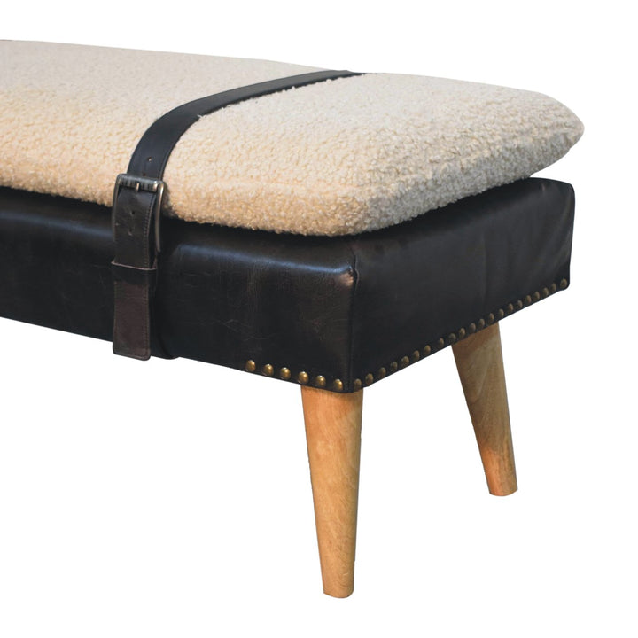 Bouclé Buffalo Hide Black Leather Bench Upholstered, Nordic Legs, Beige and Black