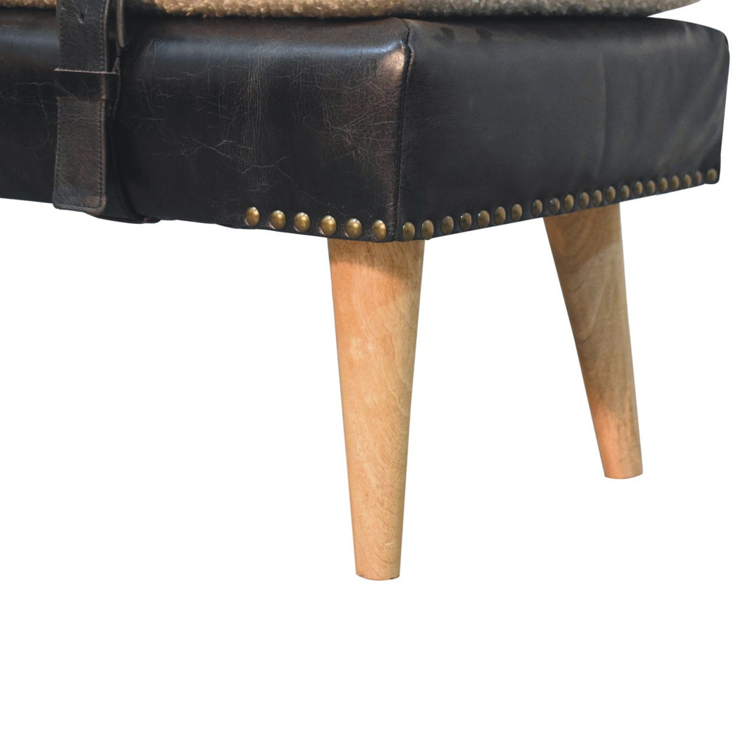 Bouclé Buffalo Hide Black Leather Bench Upholstered, Nordic Legs, Beige and Black