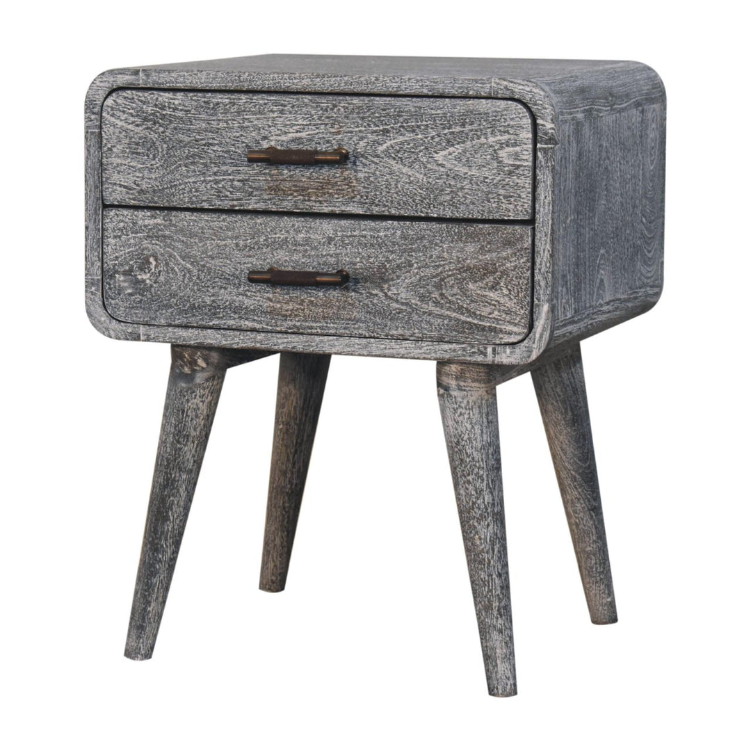 Solid Wood Sandblasted Ash Curved Bedside, 2-Drawers, Gray