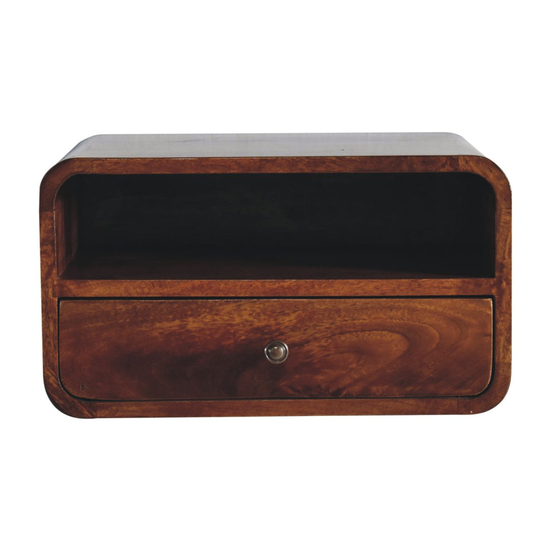 Large Floating Bedside, Curve Open Upper Slot, 1 Drawer, Chestnut, Brown