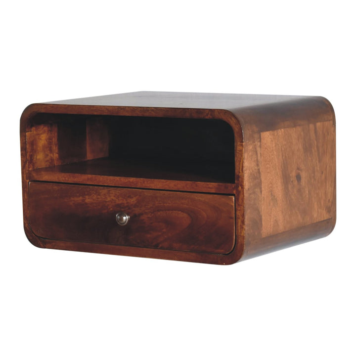 Large Floating Bedside, Curve Open Upper Slot, 1 Drawer, Chestnut, Brown