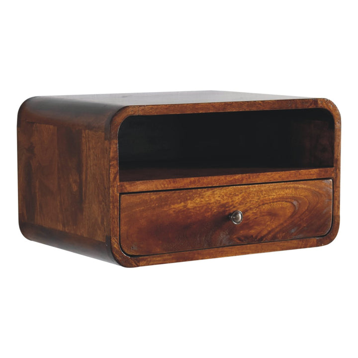 Large Floating Bedside, Curve Open Upper Slot, 1 Drawer, Chestnut, Brown