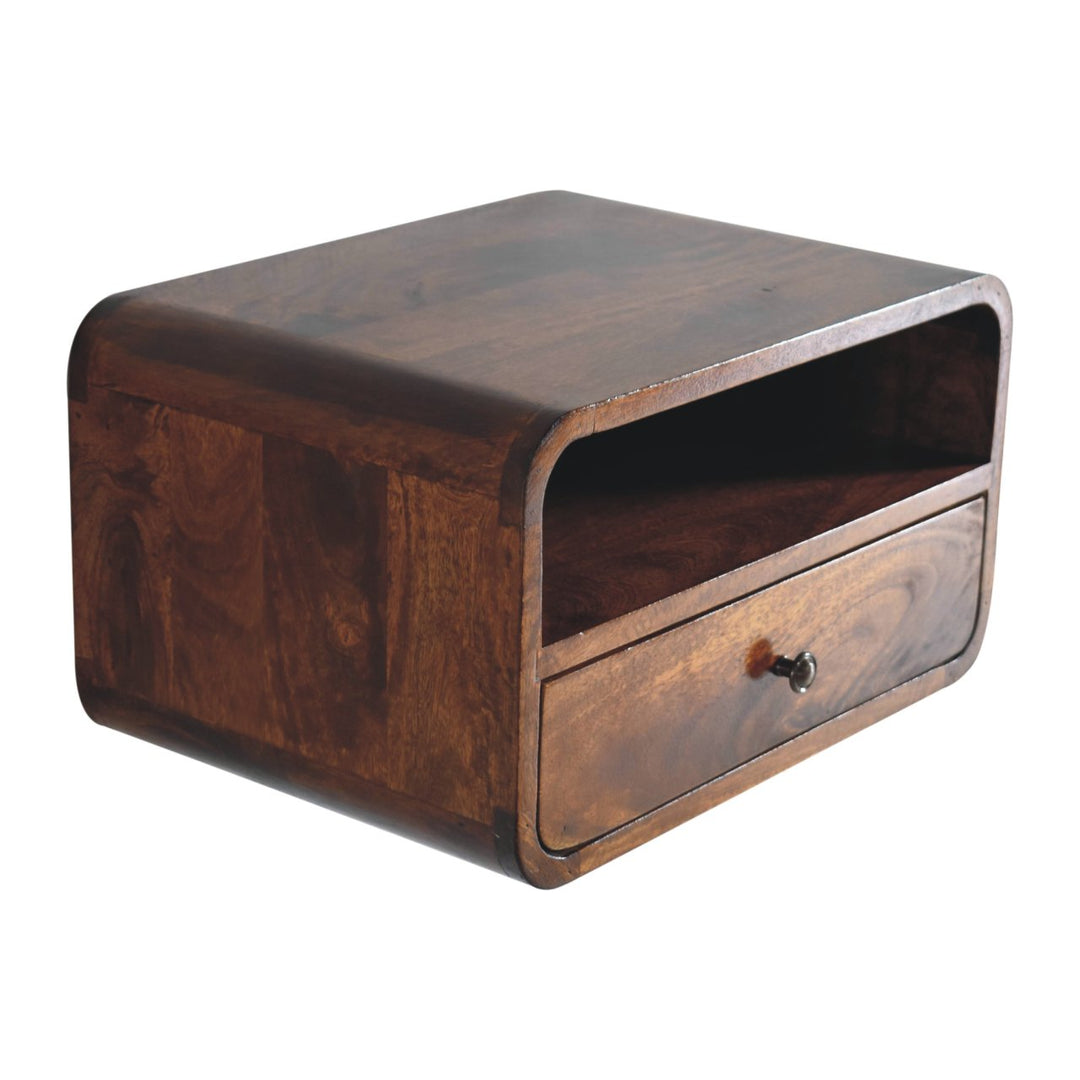 Large Floating Bedside, Curve Open Upper Slot, 1 Drawer, Chestnut, Brown