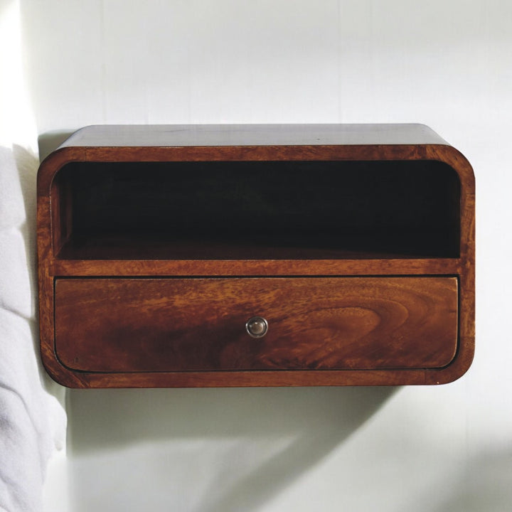 Large Floating Bedside, Curve Open Upper Slot, 1 Drawer, Chestnut, Brown