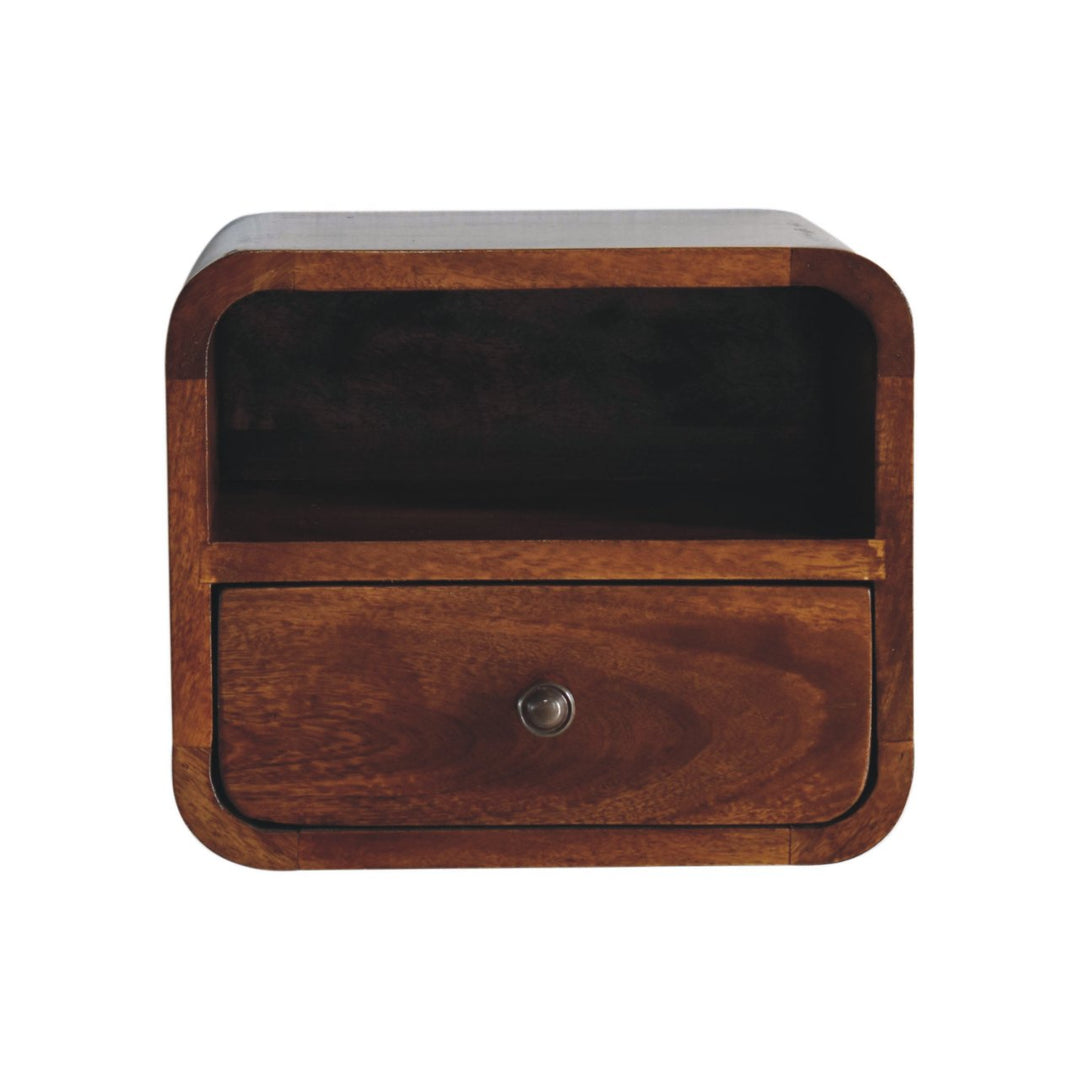 Extra Mini Wall-Mounted Curved Chestnut Nightstand, Open Slot, 1-Drawer