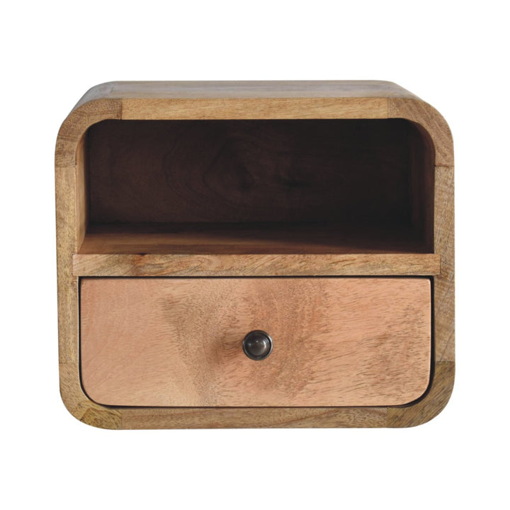 Extra Mini Wall-Mounted Curved Oak-ish Nightstand with Open Slot, 1-Drawer, Light Brown