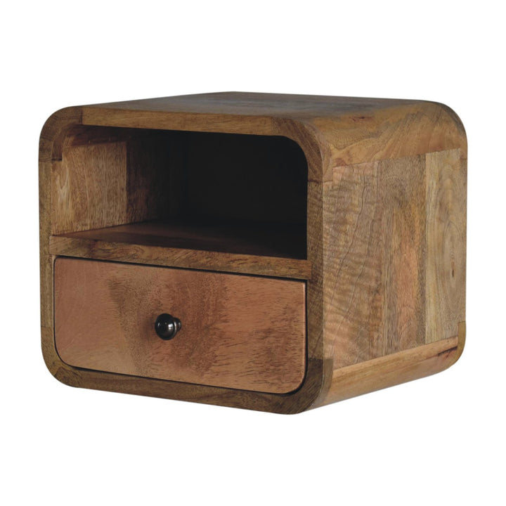 Extra Mini Wall-Mounted Curved Oak-ish Nightstand with Open Slot, 1-Drawer, Light Brown