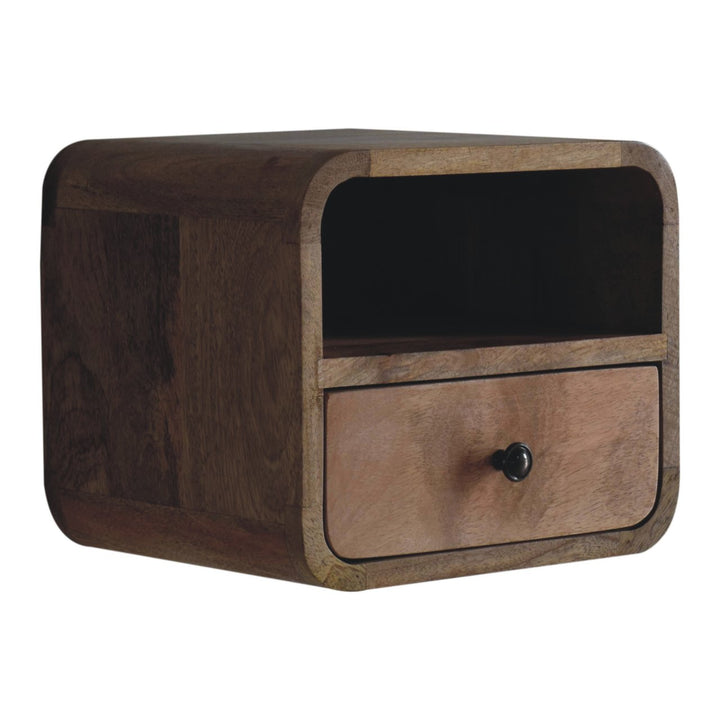 Extra Mini Wall-Mounted Curved Oak-ish Nightstand with Open Slot, 1-Drawer, Light Brown