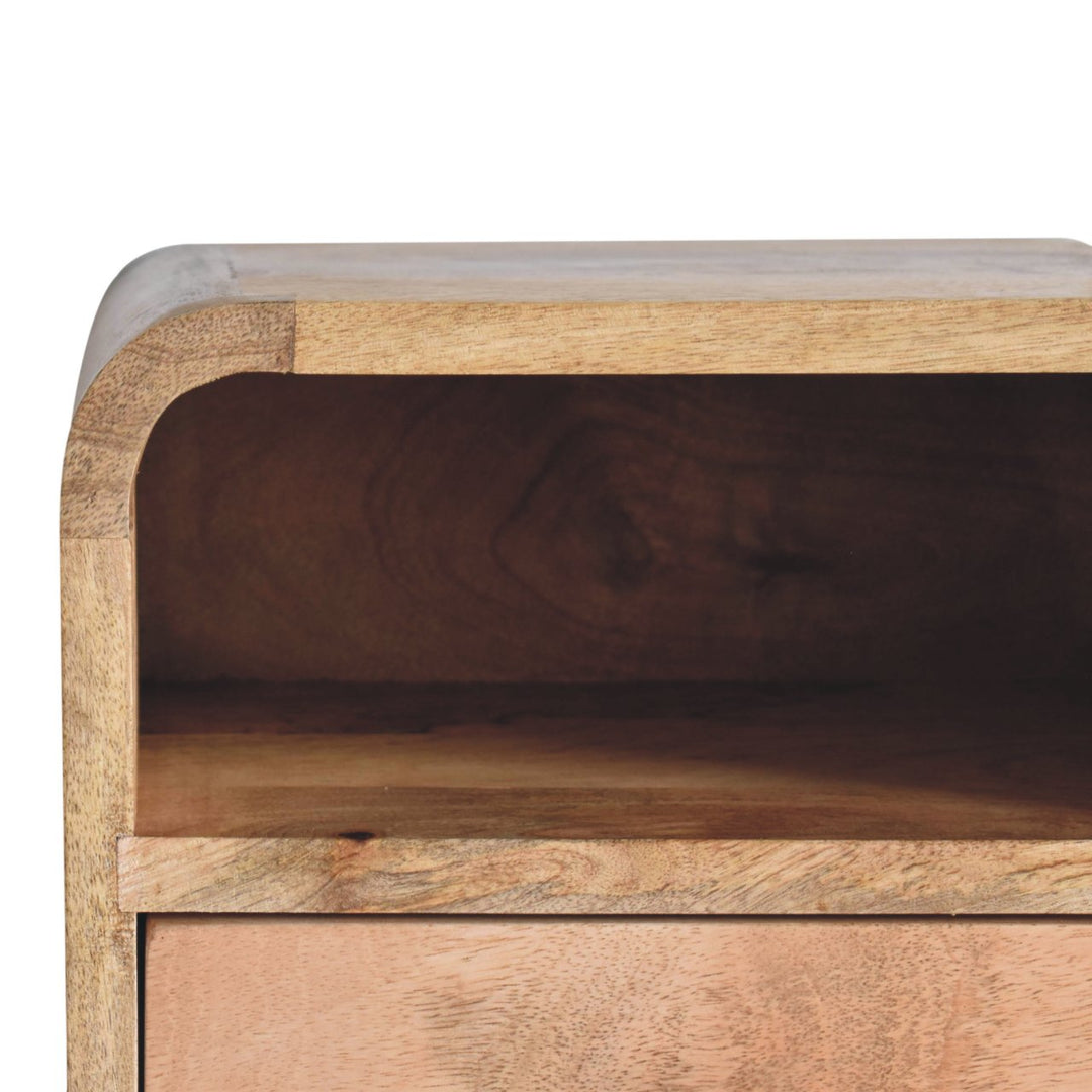 Extra Mini Wall-Mounted Curved Oak-ish Nightstand with Open Slot, 1-Drawer, Light Brown