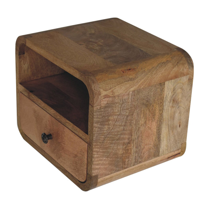 Extra Mini Wall-Mounted Curved Oak-ish Nightstand with Open Slot, 1-Drawer, Light Brown