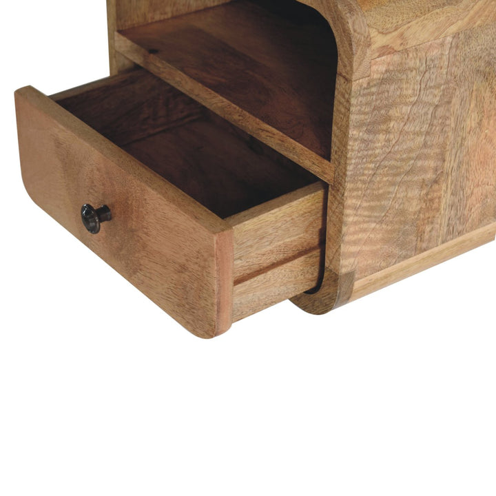 Extra Mini Wall-Mounted Curved Oak-ish Nightstand with Open Slot, 1-Drawer, Light Brown