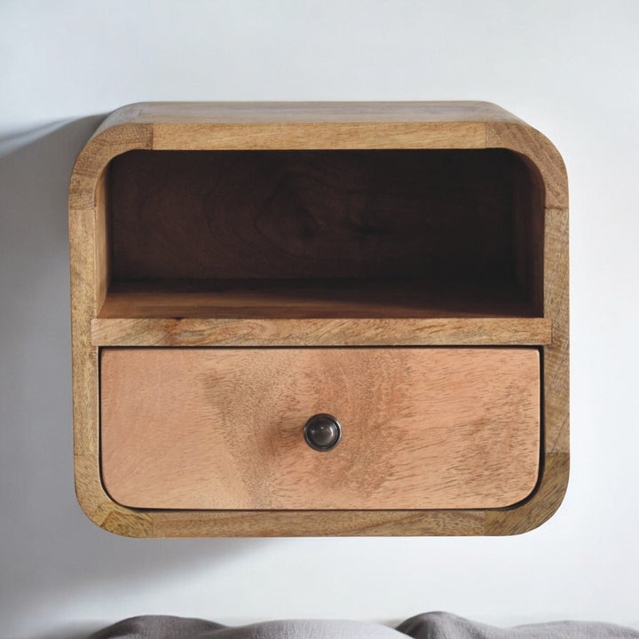 Extra Mini Wall-Mounted Curved Oak-ish Nightstand with Open Slot, 1-Drawer, Light Brown