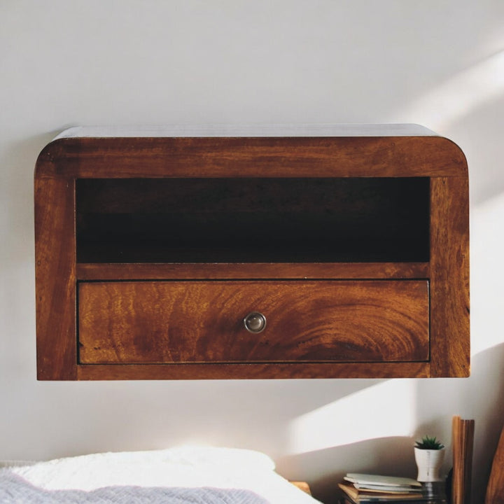 Chunky Chestnut Floating Bedside, 1-Drawer, 1 Open Slot, Brown