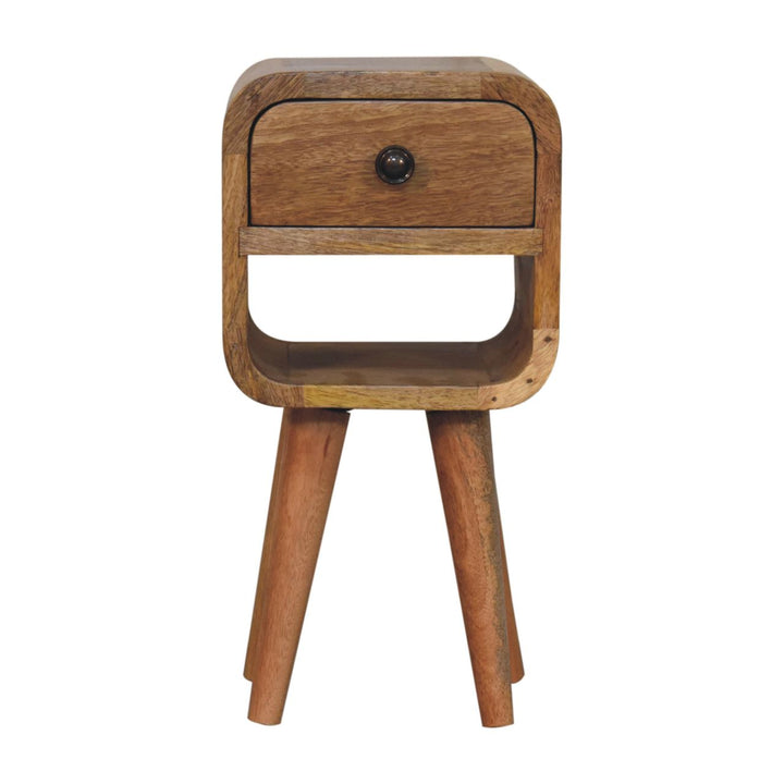 Solid Wood Extra Mini Oak-ish Curve Lower Bedside, 1-Drawer, 1 Open Slot, Nordic Legs, Brown
