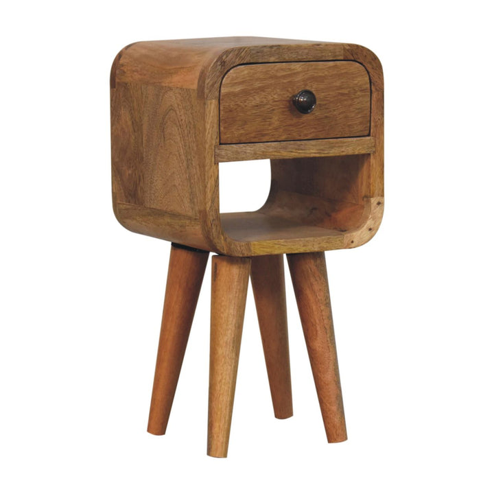 Solid Wood Extra Mini Oak-ish Curve Lower Bedside, 1-Drawer, 1 Open Slot, Nordic Legs, Brown