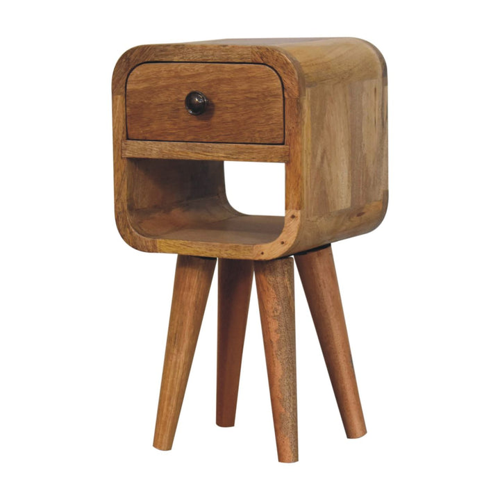 Solid Wood Extra Mini Oak-ish Curve Lower Bedside, 1-Drawer, 1 Open Slot, Nordic Legs, Brown
