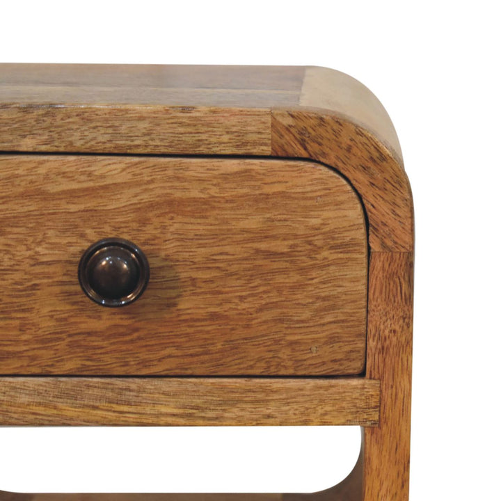 Solid Wood Extra Mini Oak-ish Curve Lower Bedside, 1-Drawer, 1 Open Slot, Nordic Legs, Brown
