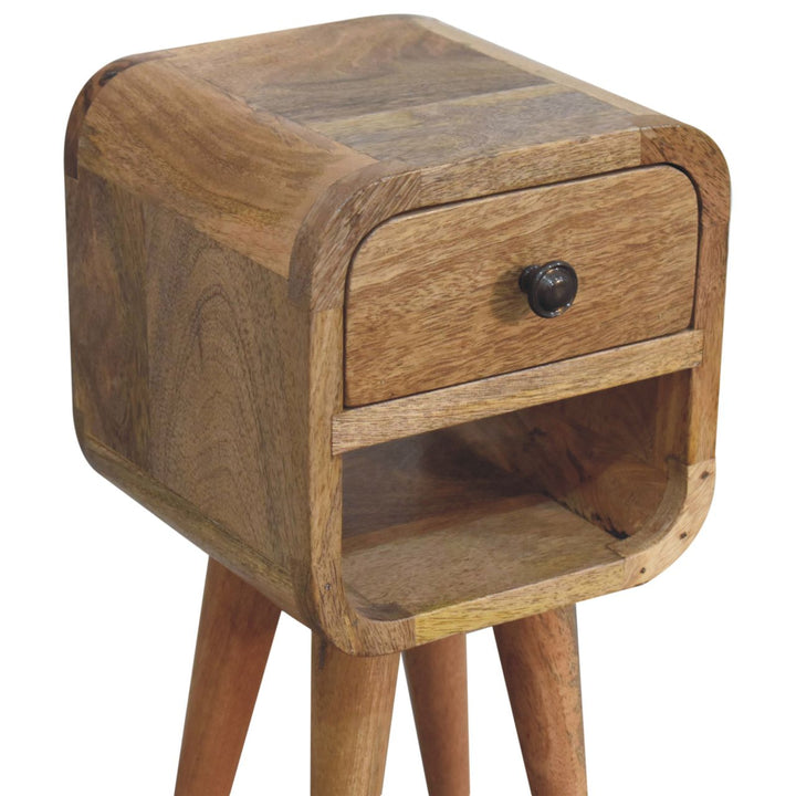 Solid Wood Extra Mini Oak-ish Curve Lower Bedside, 1-Drawer, 1 Open Slot, Nordic Legs, Brown