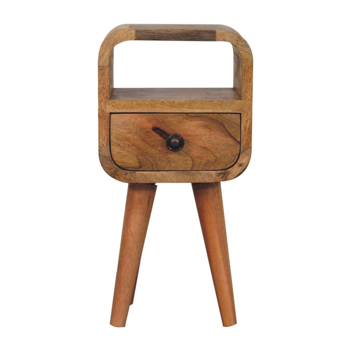 Solid Wood Extra Mini Oak-ish Curve Open Slot Nightstand, 1-Drawer, 1 Open Slot, Nordic Legs, Brown