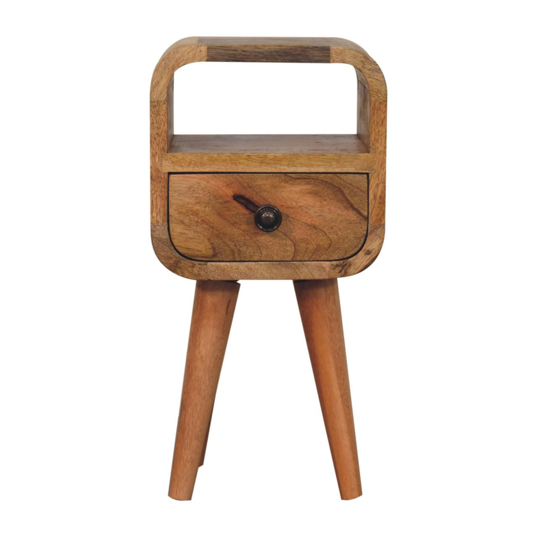 Solid Wood Extra Mini Oak-ish Curve Open Slot Nightstand, 1-Drawer, 1 Open Slot, Nordic Legs, Brown