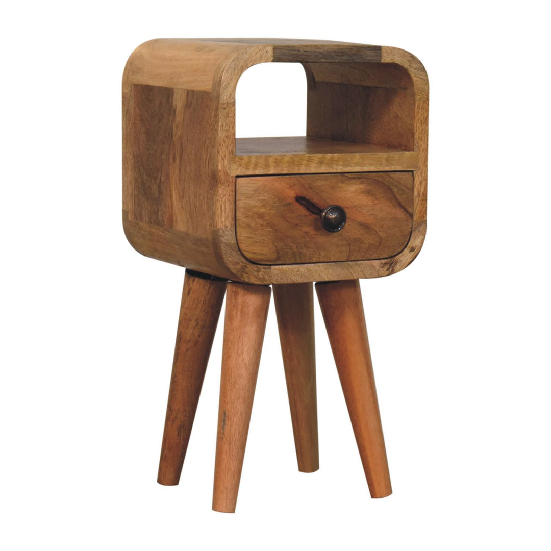 Solid Wood Extra Mini Oak-ish Curve Open Slot Nightstand, 1-Drawer, 1 Open Slot, Nordic Legs, Brown