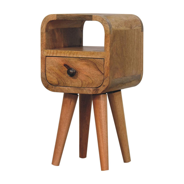 Solid Wood Extra Mini Oak-ish Curve Open Slot Nightstand, 1-Drawer, 1 Open Slot, Nordic Legs, Brown