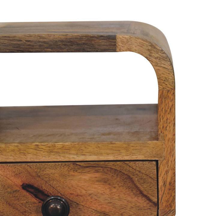 Solid Wood Extra Mini Oak-ish Curve Open Slot Nightstand, 1-Drawer, 1 Open Slot, Nordic Legs, Brown