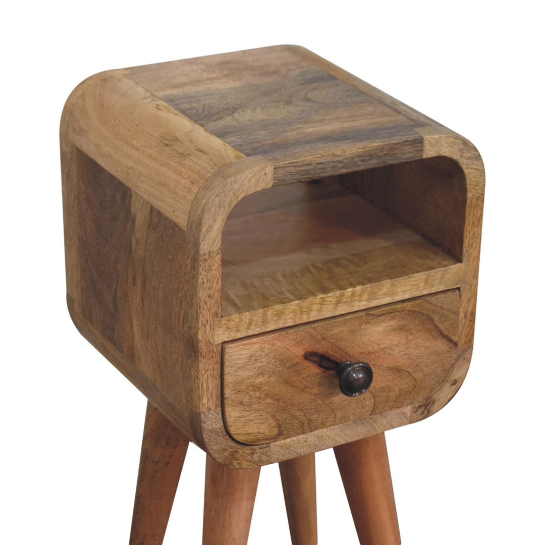 Solid Wood Extra Mini Oak-ish Curve Open Slot Nightstand, 1-Drawer, 1 Open Slot, Nordic Legs, Brown