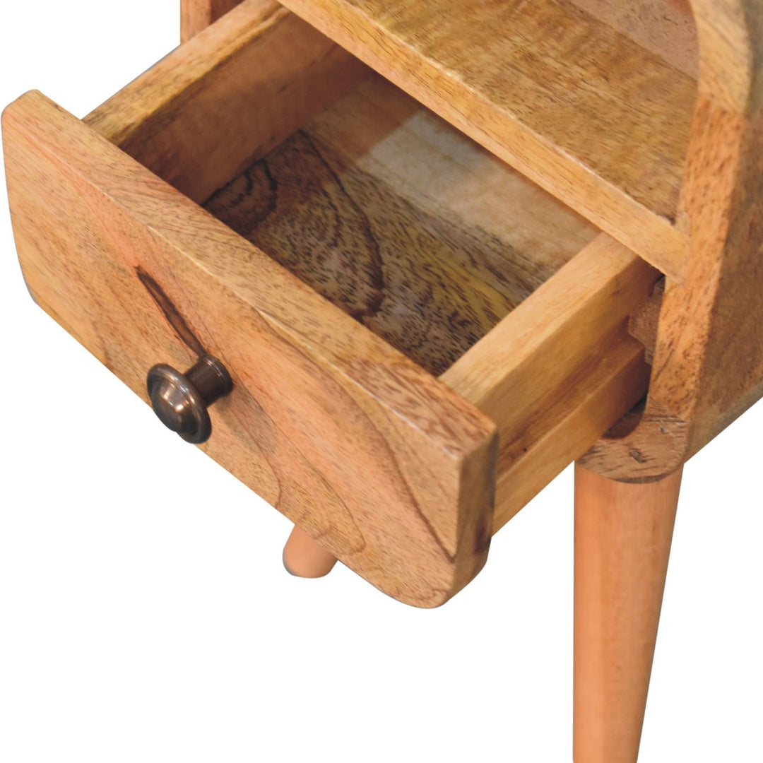 Solid Wood Extra Mini Oak-ish Curve Open Slot Nightstand, 1-Drawer, 1 Open Slot, Nordic Legs, Brown
