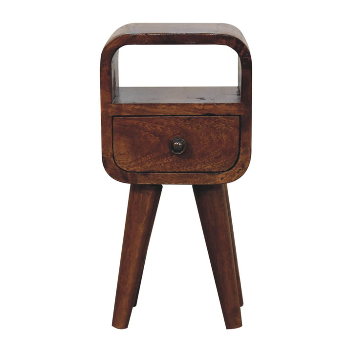 Solid Wood Extra Mini Curve Bedside, 1-Drawer, 1 Open-Slot, Chestnut, Brown