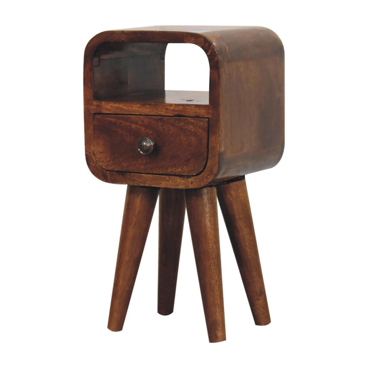 Solid Wood Extra Mini Curve Bedside, 1-Drawer, 1 Open-Slot, Chestnut, Brown