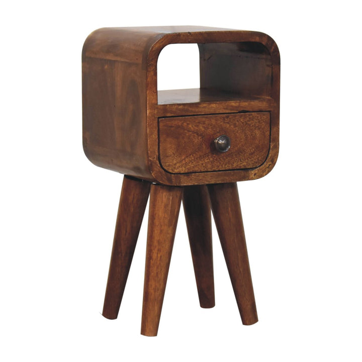 Solid Wood Extra Mini Curve Bedside, 1-Drawer, 1 Open-Slot, Chestnut, Brown