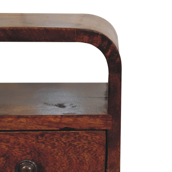 Solid Wood Extra Mini Curve Bedside, 1-Drawer, 1 Open-Slot, Chestnut, Brown