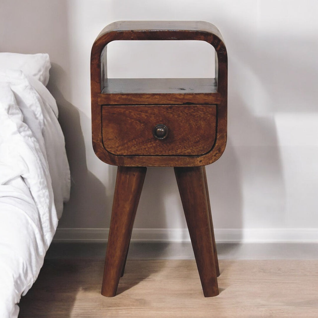 Solid Wood Extra Mini Curve Bedside, 1-Drawer, 1 Open-Slot, Chestnut, Brown