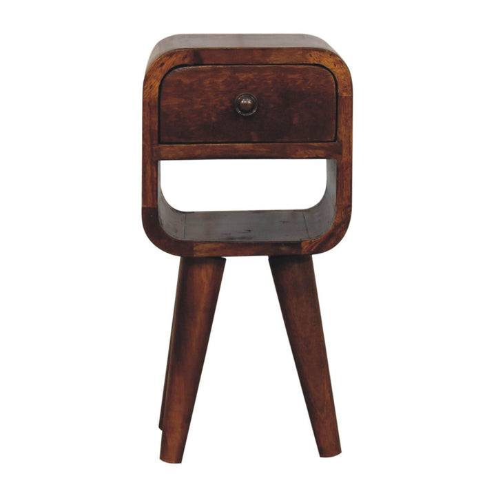 Solid Wood Extra Mini Chestnut Curve Lower Nightstand, 1-Drawer, 1 Open-Slot, Nordic Legs, Dark Brown