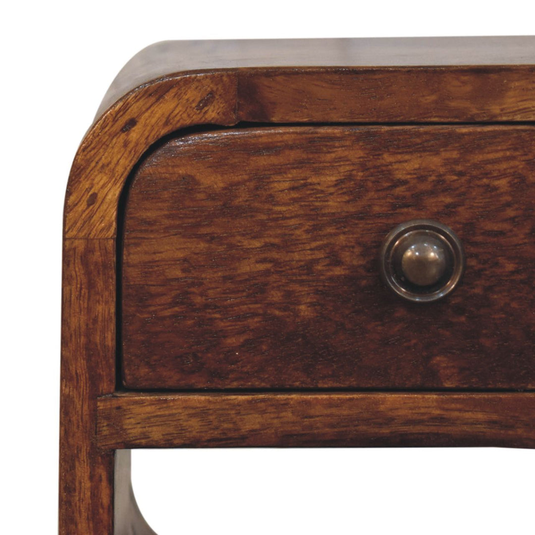 Solid Wood Extra Mini Chestnut Curve Lower Nightstand, 1-Drawer, 1 Open-Slot, Nordic Legs, Dark Brown