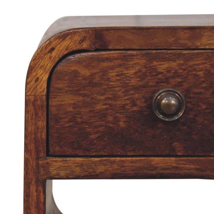 Solid Wood Extra Mini Chestnut Curve Lower Nightstand, 1-Drawer, 1 Open-Slot, Nordic Legs, Dark Brown