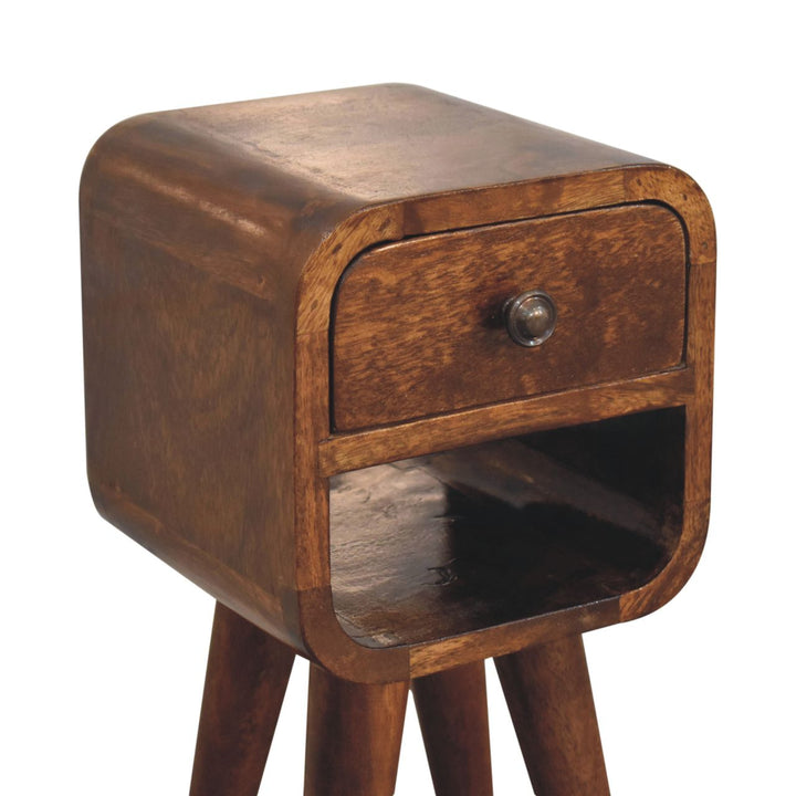 Solid Wood Extra Mini Chestnut Curve Lower Nightstand, 1-Drawer, 1 Open-Slot, Nordic Legs, Dark Brown