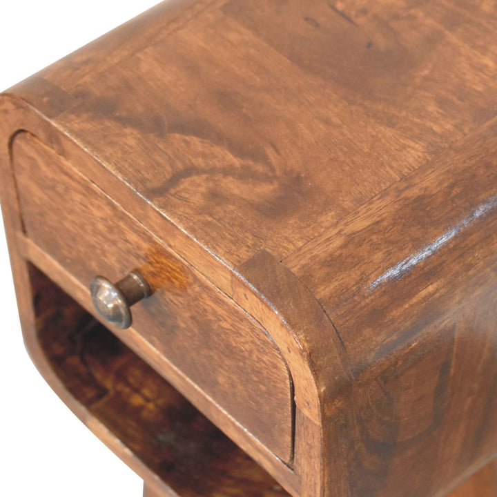 Solid Wood Extra Mini Chestnut Curve Lower Nightstand, 1-Drawer, 1 Open-Slot, Nordic Legs, Dark Brown