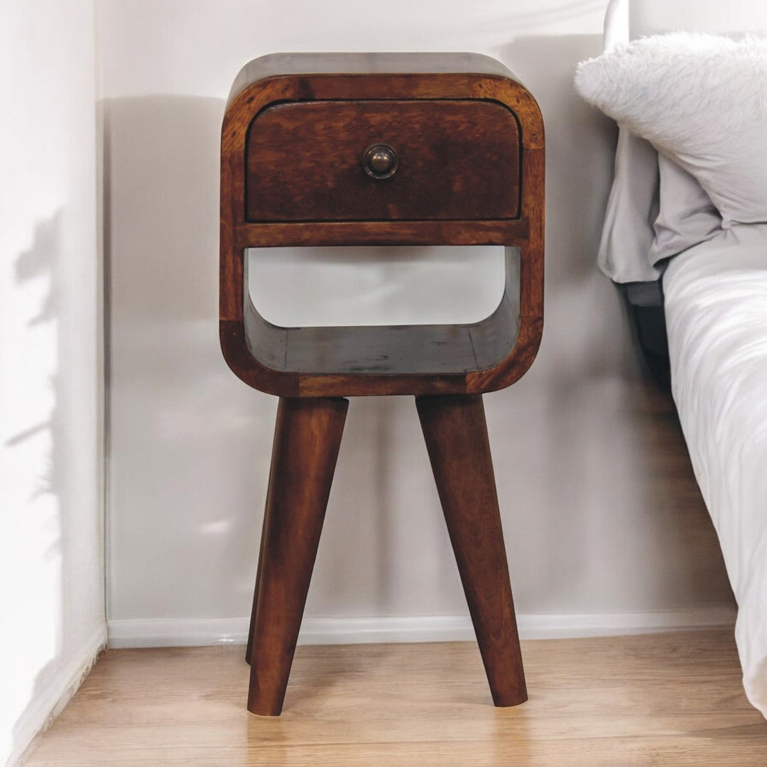 Solid Wood Extra Mini Chestnut Curve Lower Nightstand, 1-Drawer, 1 Open-Slot, Nordic Legs, Dark Brown
