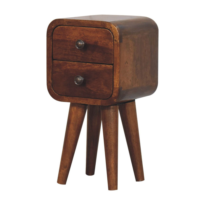 Solid Wood Extra Mini Curved Chestnut Nightstand, Dark Brown