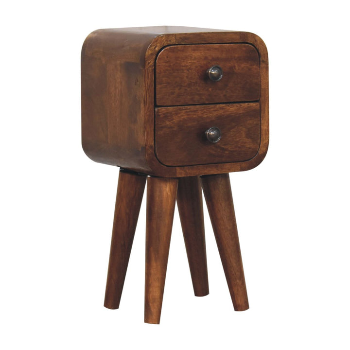 Solid Wood Extra Mini Curved Chestnut Nightstand, Dark Brown