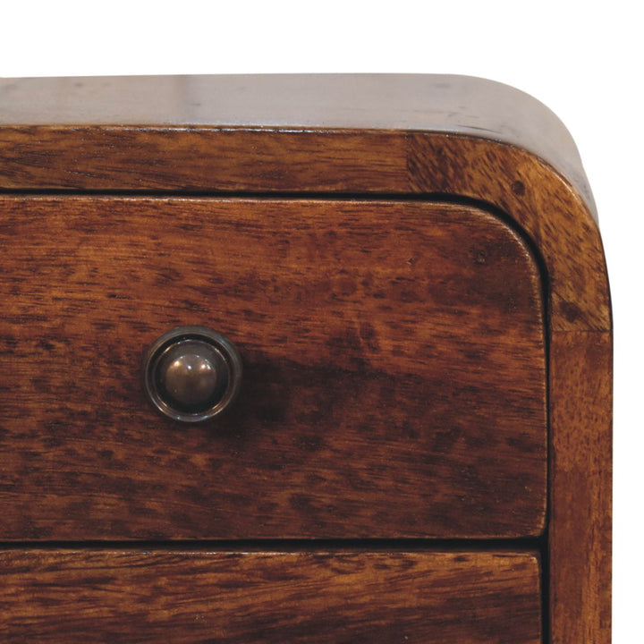 Solid Wood Extra Mini Curved Chestnut Nightstand, Dark Brown