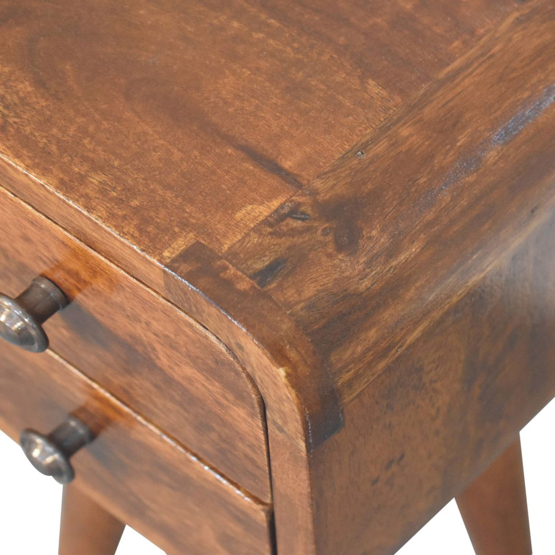 Solid Wood Extra Mini Curved Chestnut Nightstand, Dark Brown
