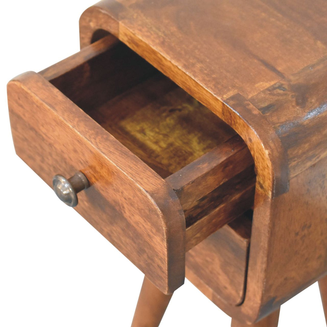 Solid Wood Extra Mini Curved Chestnut Nightstand, Dark Brown